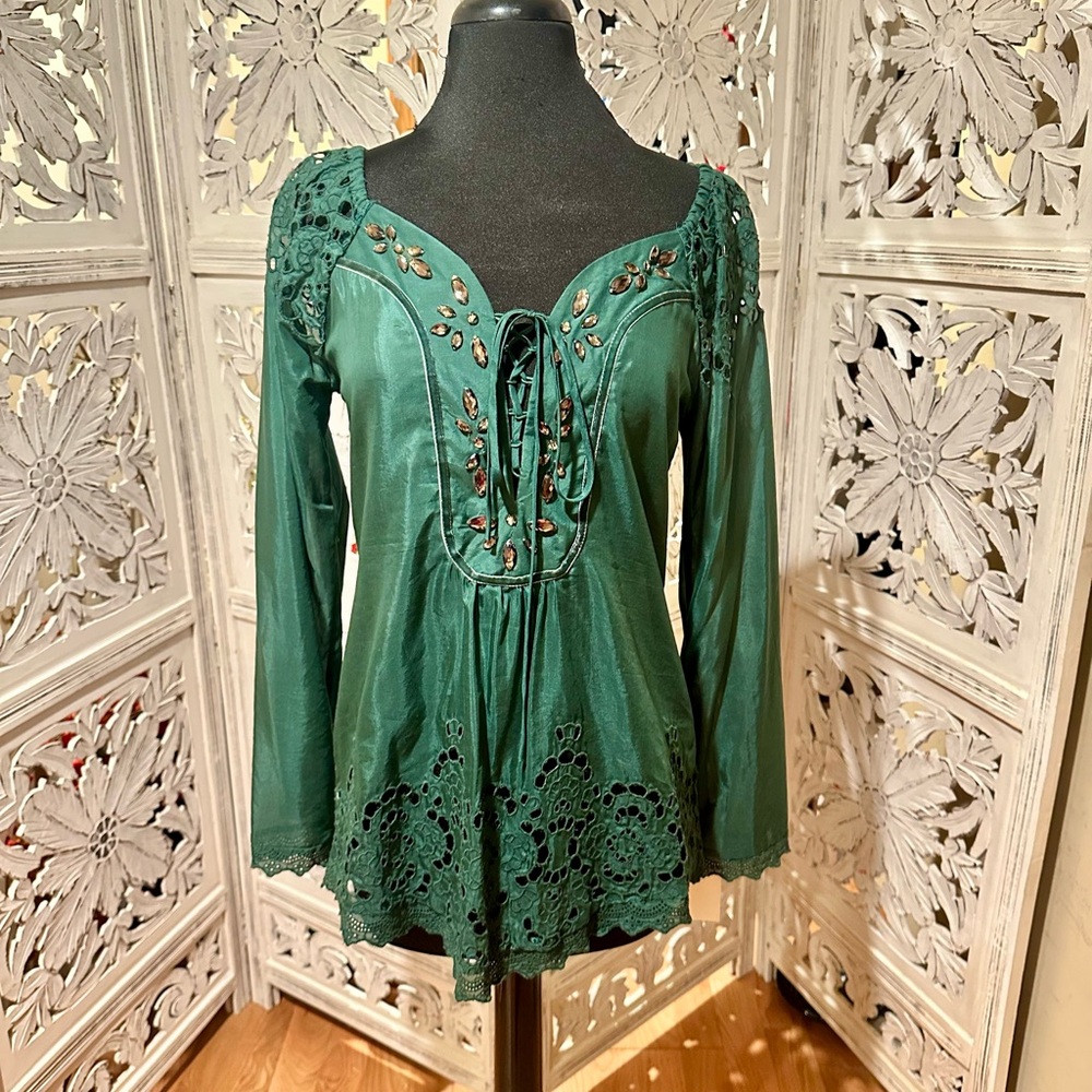 Hale Bob  vintage Embellished Green Lace-Up Women's Top XS NWT